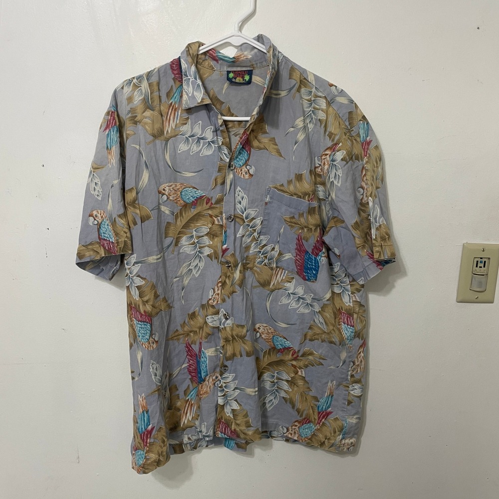 Hawaii Blues Mens Tropical Parrot Palm Print Short Sleeve Button Down Shirt Blue